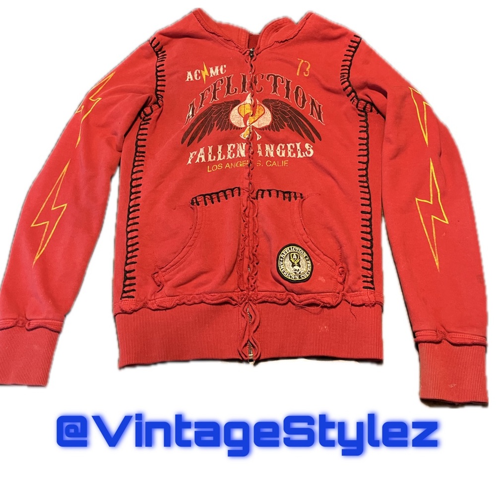 🔥AFFLICTION Y2K VTG RED HOODIE WITH BLACK STITCHING (AMERICAN CUSTOMS)🔥